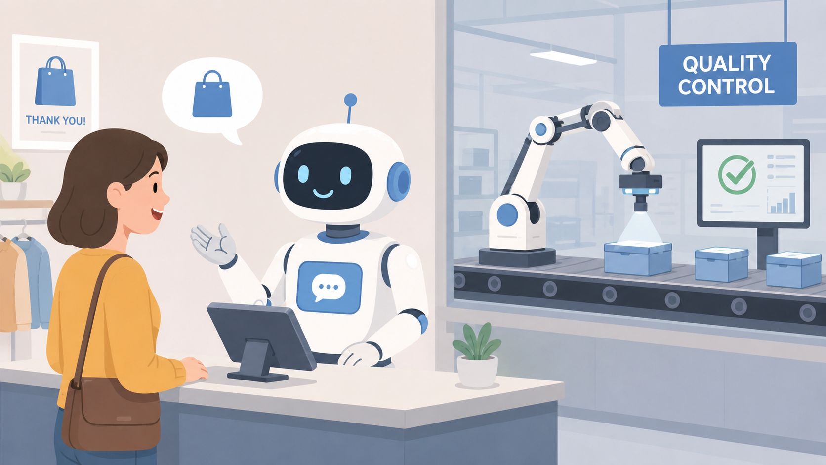 Una giovane donna interagisce con un robot assistente in un negozio moderno con automazione di controllo qualità.