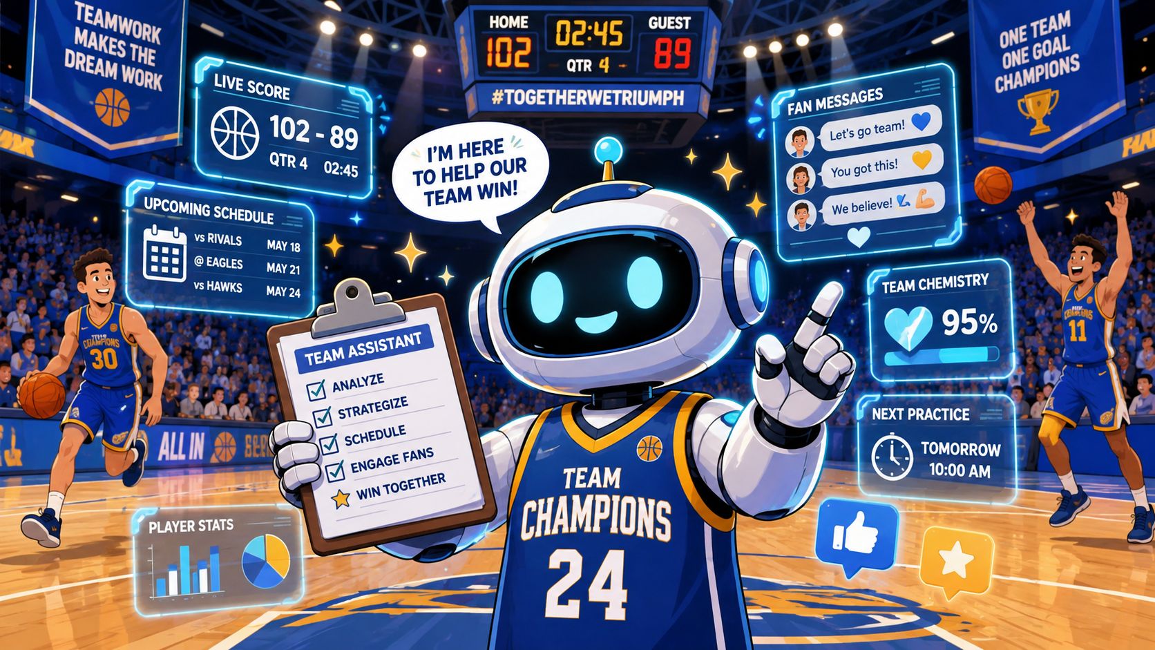 Un simpatico robot assistente sportivo in divisa da basket tiene una lista di controllo in un campo.