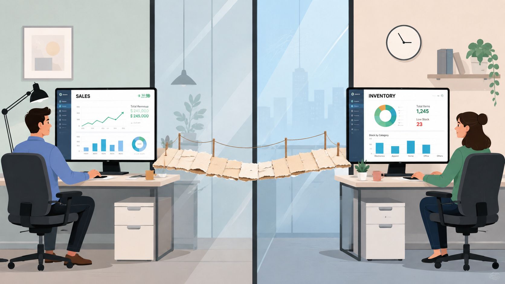 Illustrazione di due persone che lavorano su software diversi collegati da un ponte in un ufficio moderno